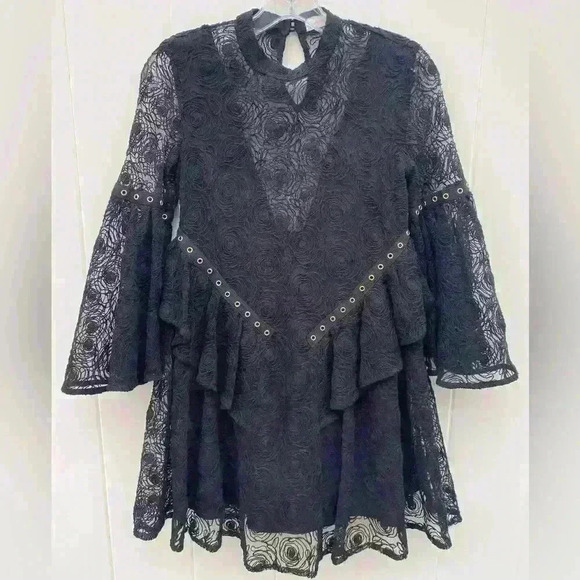 SASS & BIDE Layered Floral Lace Dress ROSE STORY Black Bell Sleeves SZ XXS - Picture 6 of 8